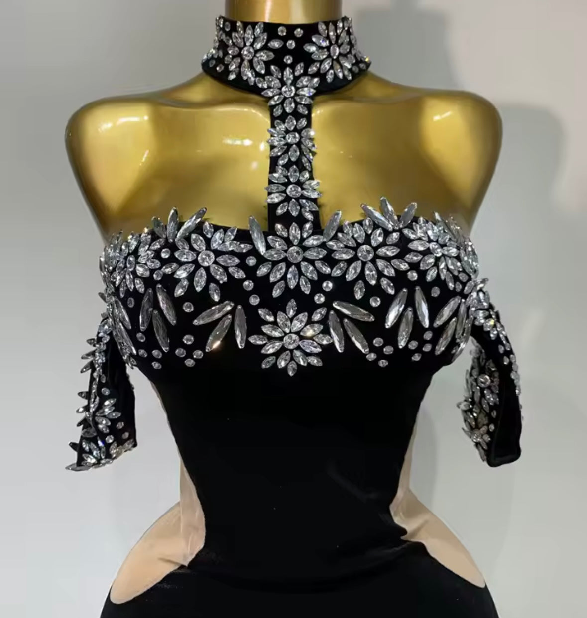 Elegant Black Floral Rhinestone Halter Maxi Dress