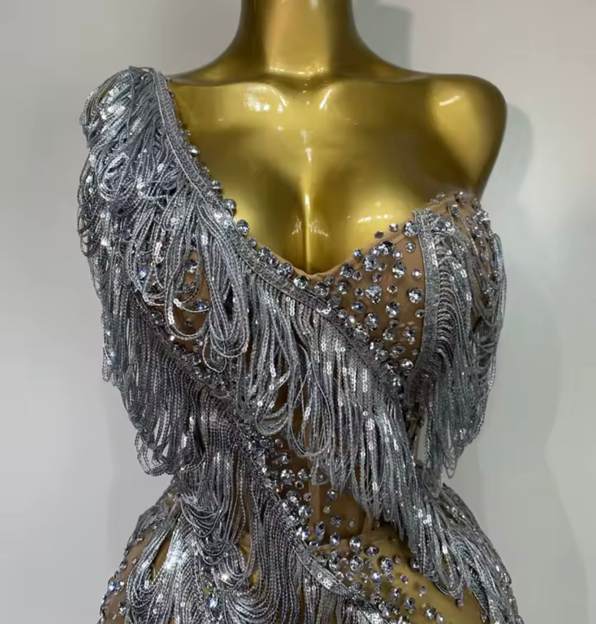 Sexy Silver One Shoulder Chain Rhinestone Dress