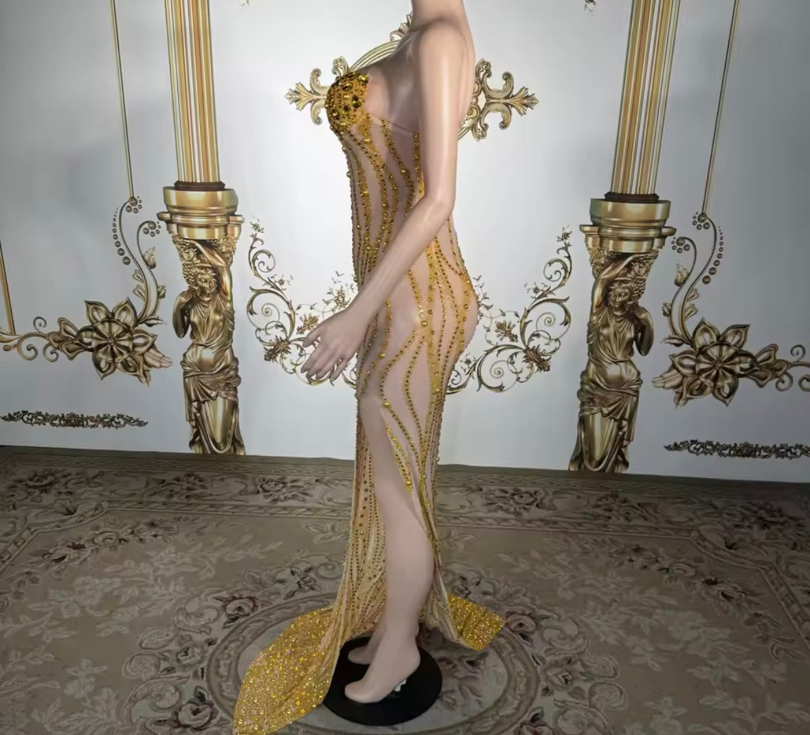 Sexy Sleeveless See Through Gold Rhinestone Side Split Maxi Dress