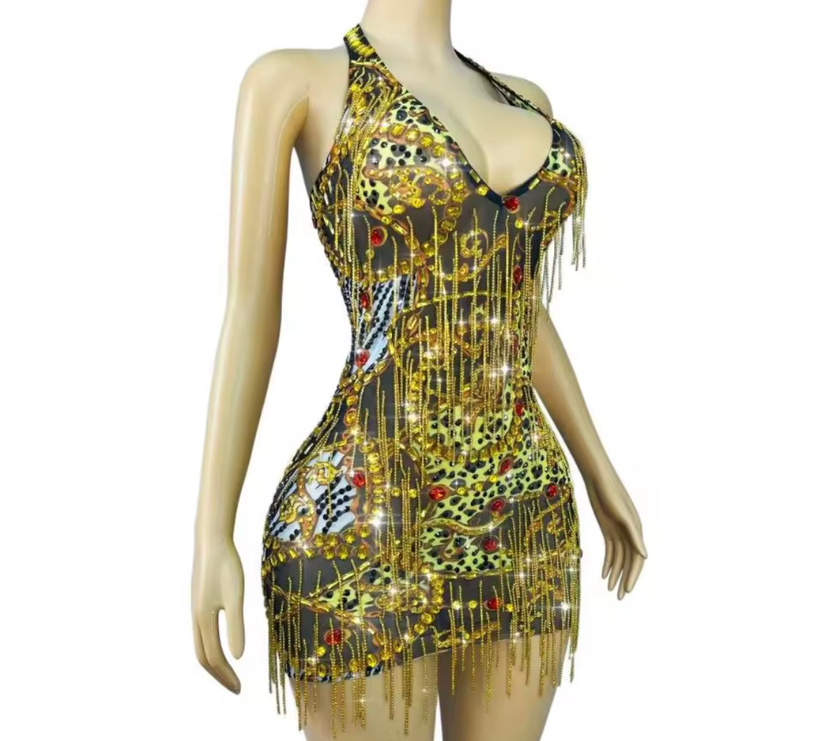 Sexy Halter Sleeveless Printed Tassel See Through Dress