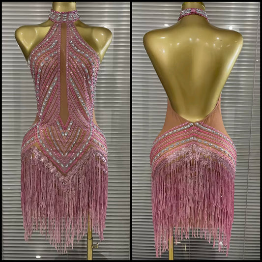 Pink Halter Sleeveless Rhinestone Fringe Tassel Sexy Dress