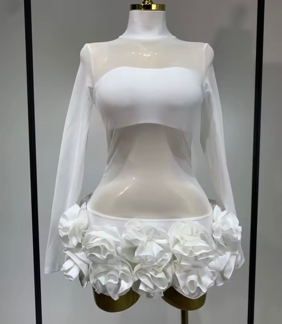 Sexy See Through Full Sleeve Floral Short Dress