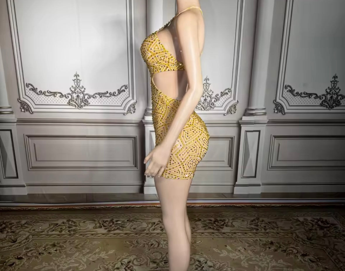 Sexy One Shoulder Sleeveless Open Back Rhinestone Dress