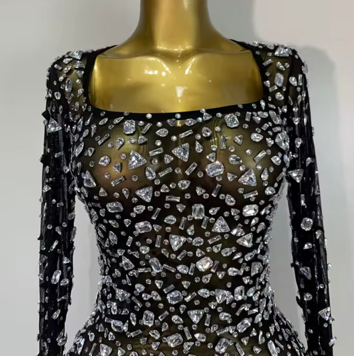 Sexy See Through Crystal Full Sleeve Short Dress