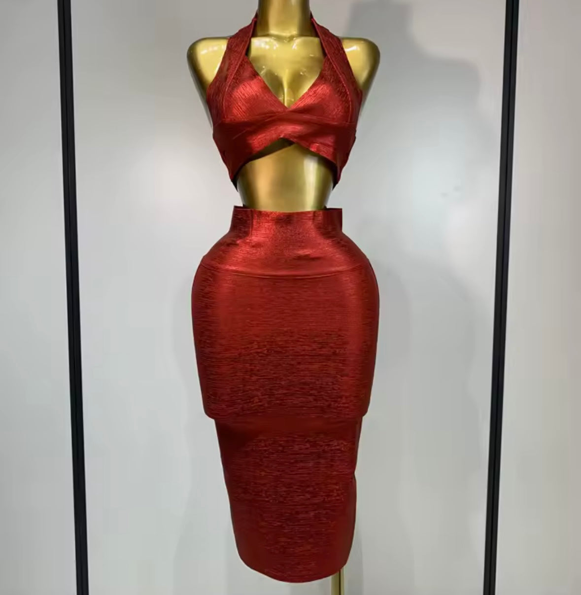 Sexy Red Halter Sleeveless Crop Two Piece Skirt Set