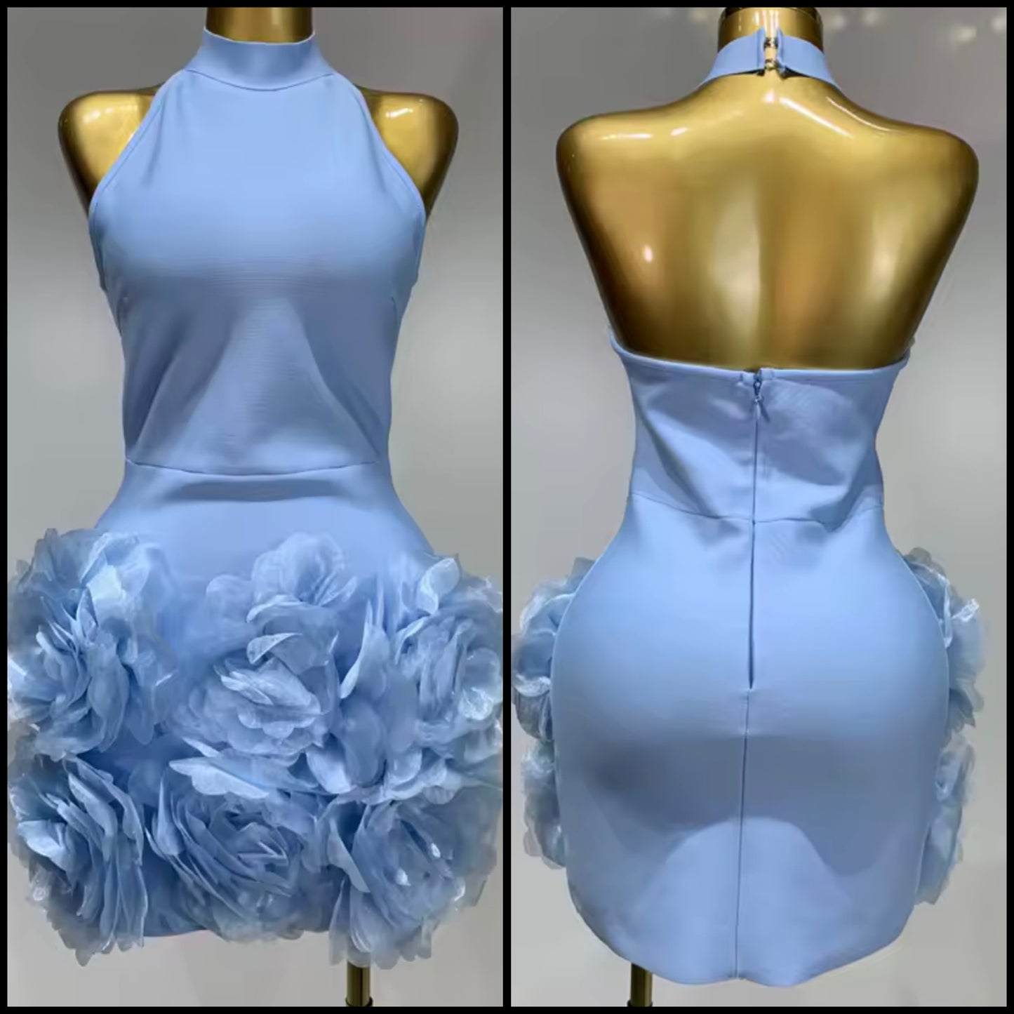 Blue Sexy Halter Sleeveless Floral Dress