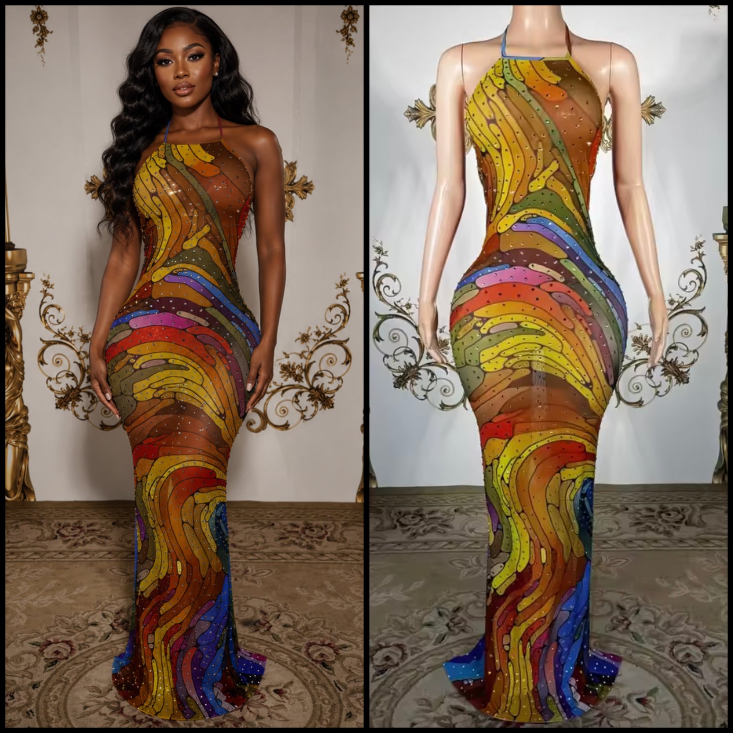 Sexy Halter Sleeveless Multicolor Print Rhinestone Maxi Dress
