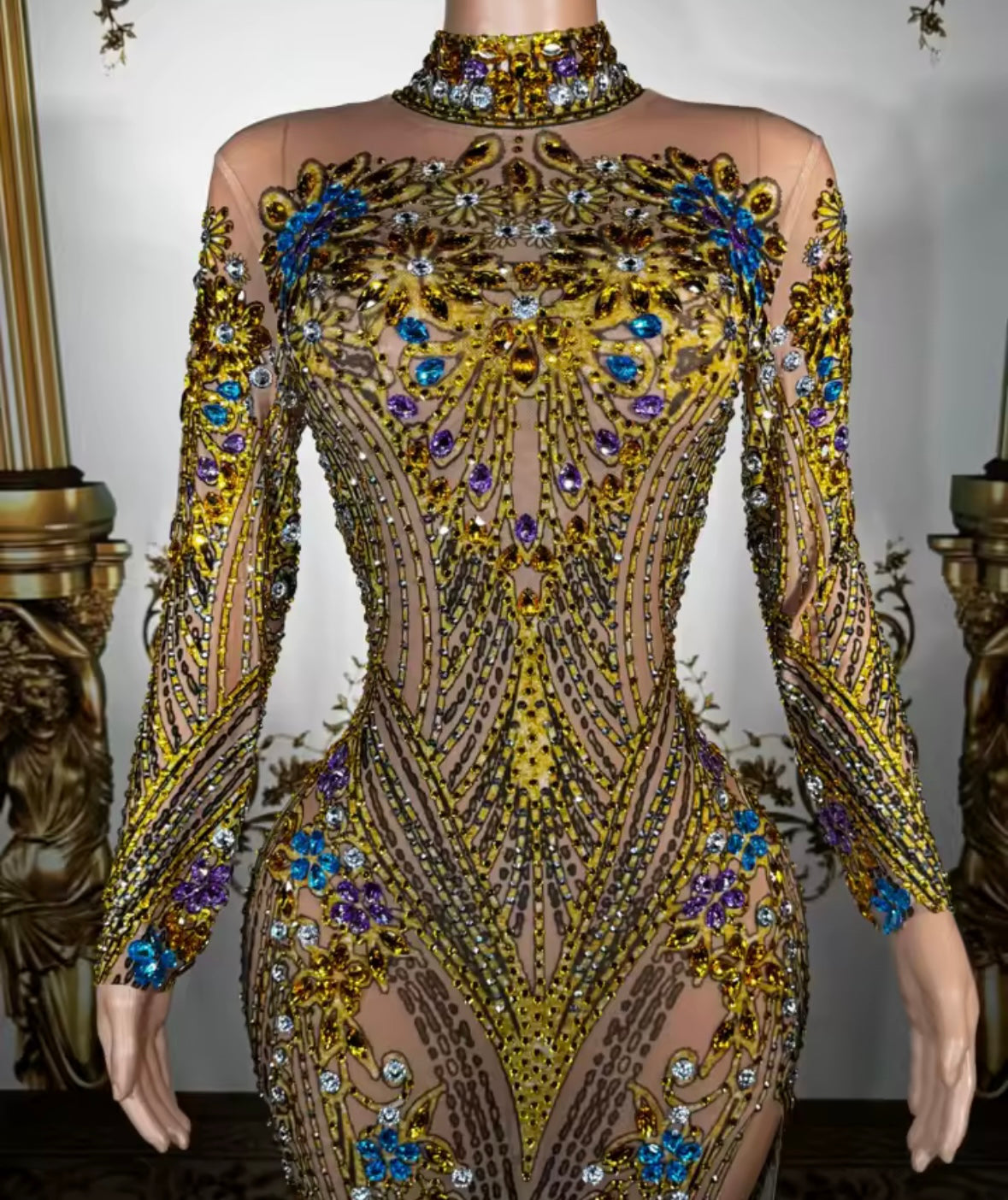 Elegant Multicolor Rhinestone Full Sleeve Floor-Length Dress