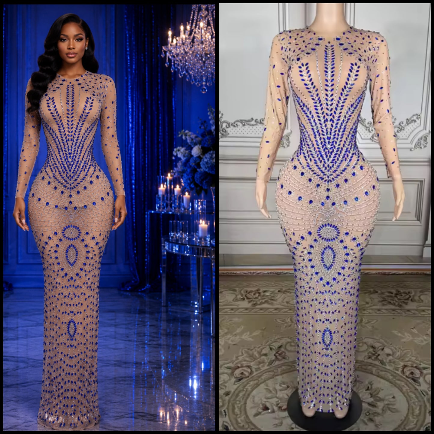 Blue Rhinestone Embellishment See Through Sexy Maxi Dress