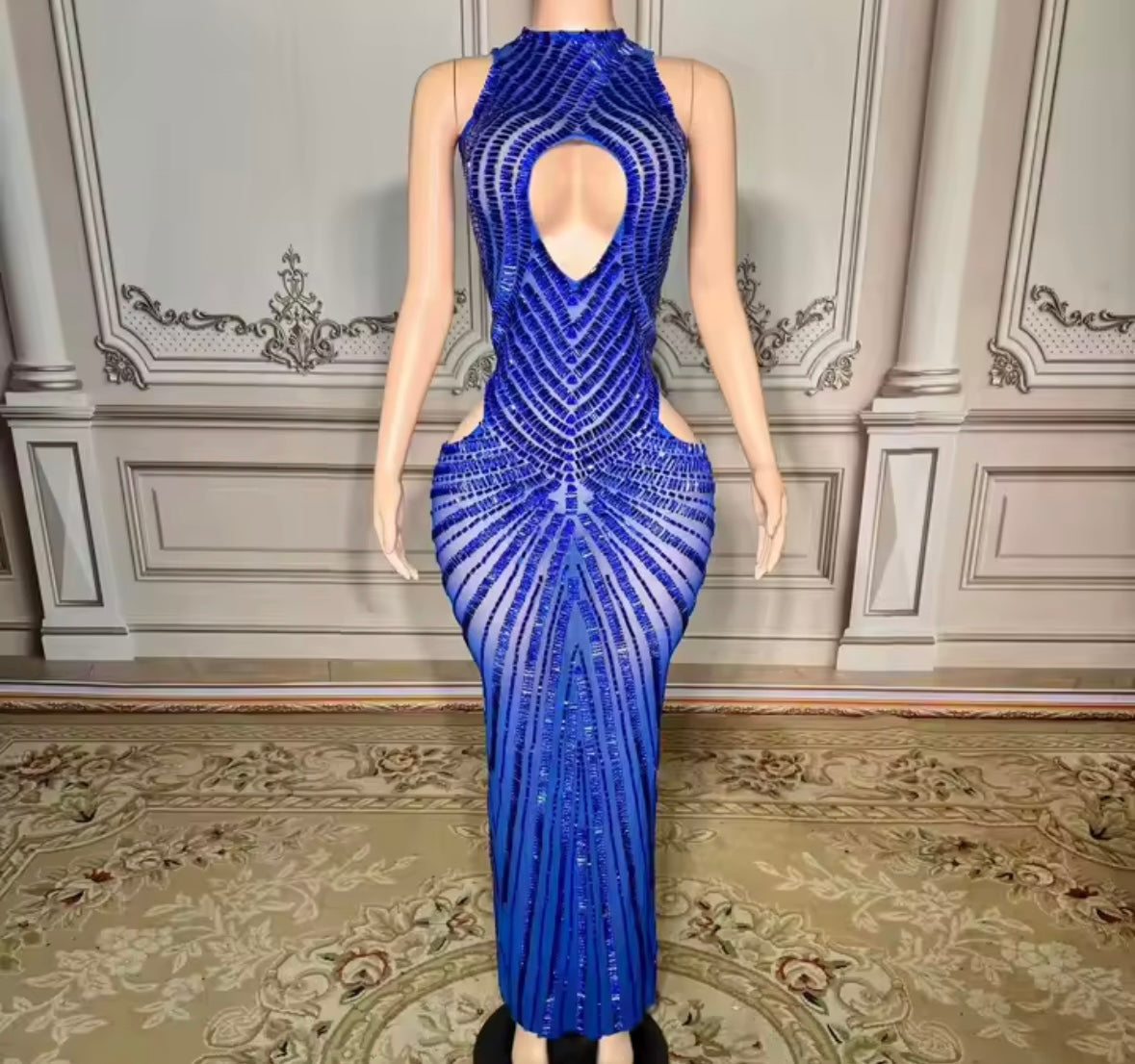 Sexy Halter Sleeveless Hollow Out See Through Rhinestone Maxi Dress