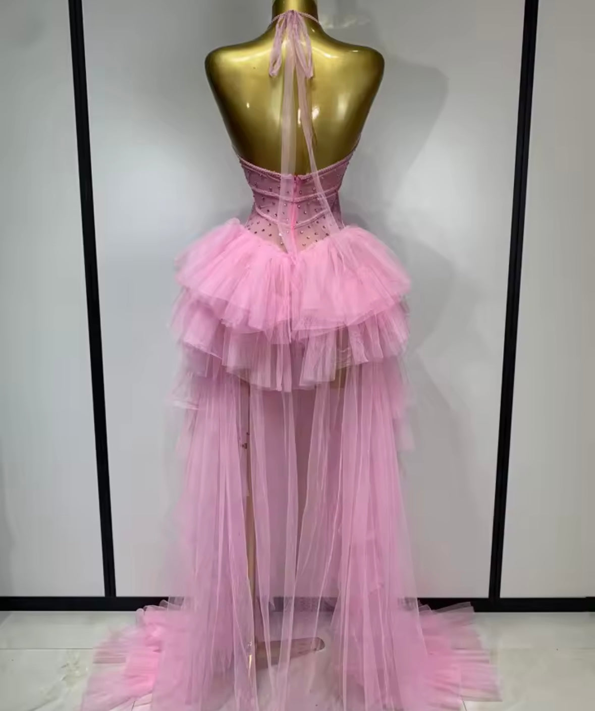Pink Halter Sleeveless Crystal Ruffle Sexy Floor-Length Dress