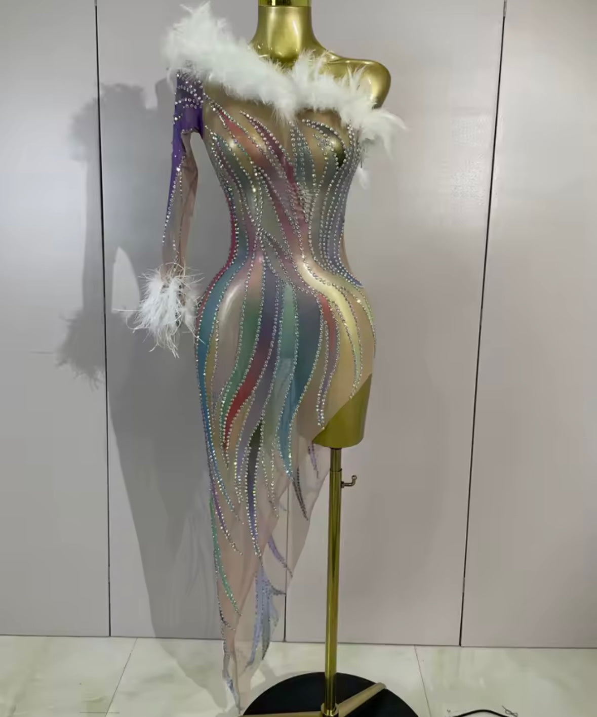 Sexy Feather One Shoulder Multicolored Rhinestone Dress