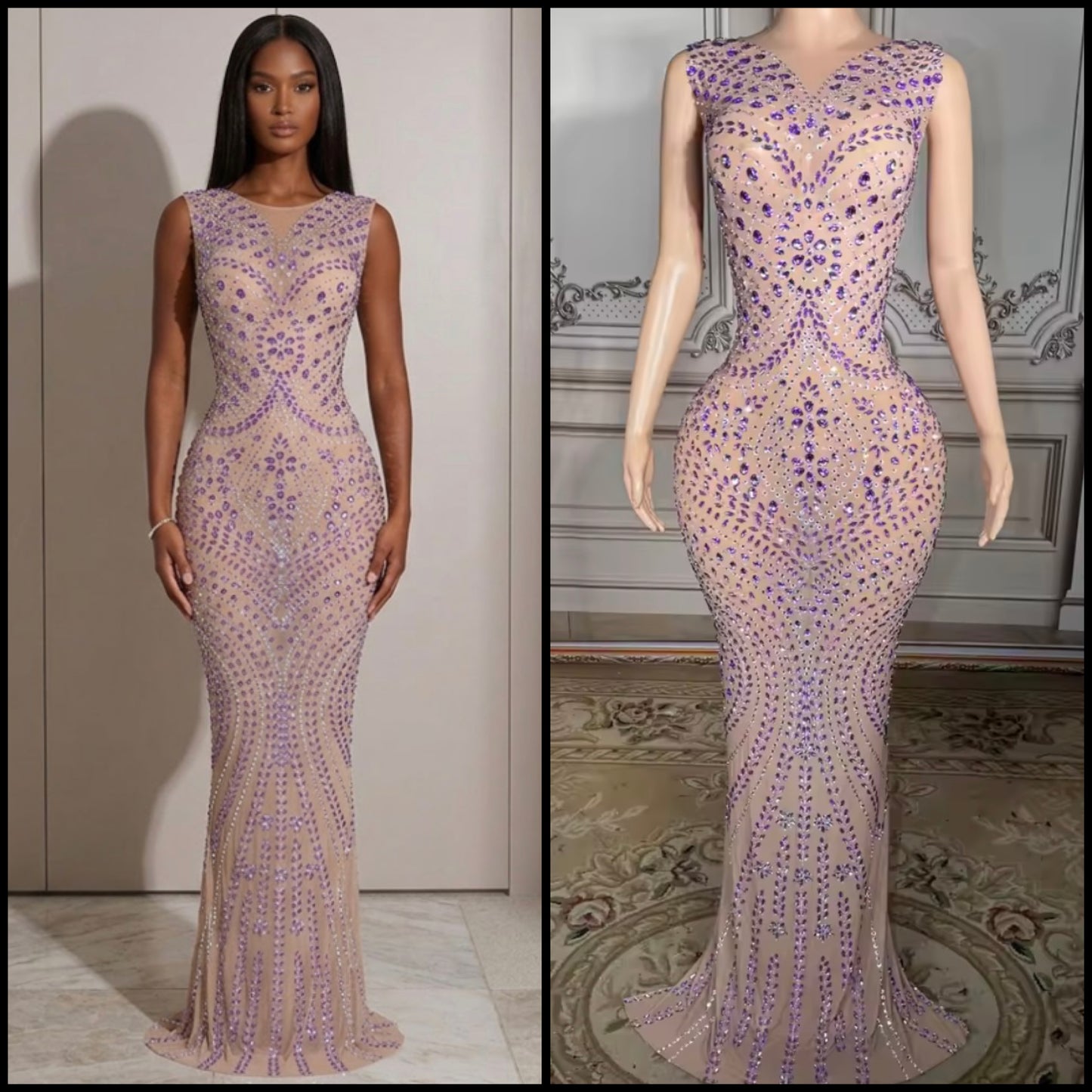Sexy Sleeveless See Through Purple Rhinestone Maxi Dress