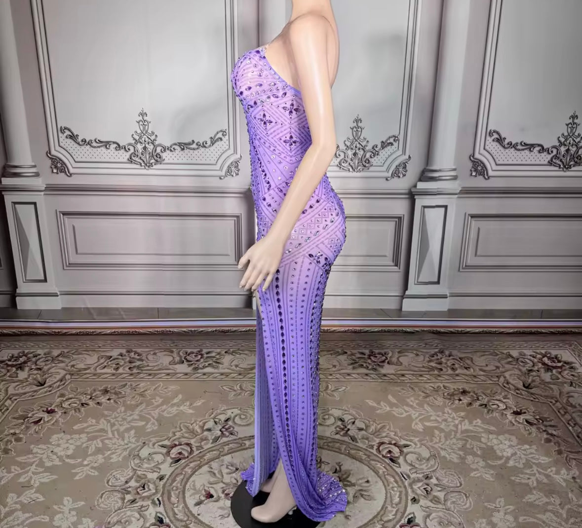 Sexy Sleeveless Rhinestone Purple Side Split Maxi Dress