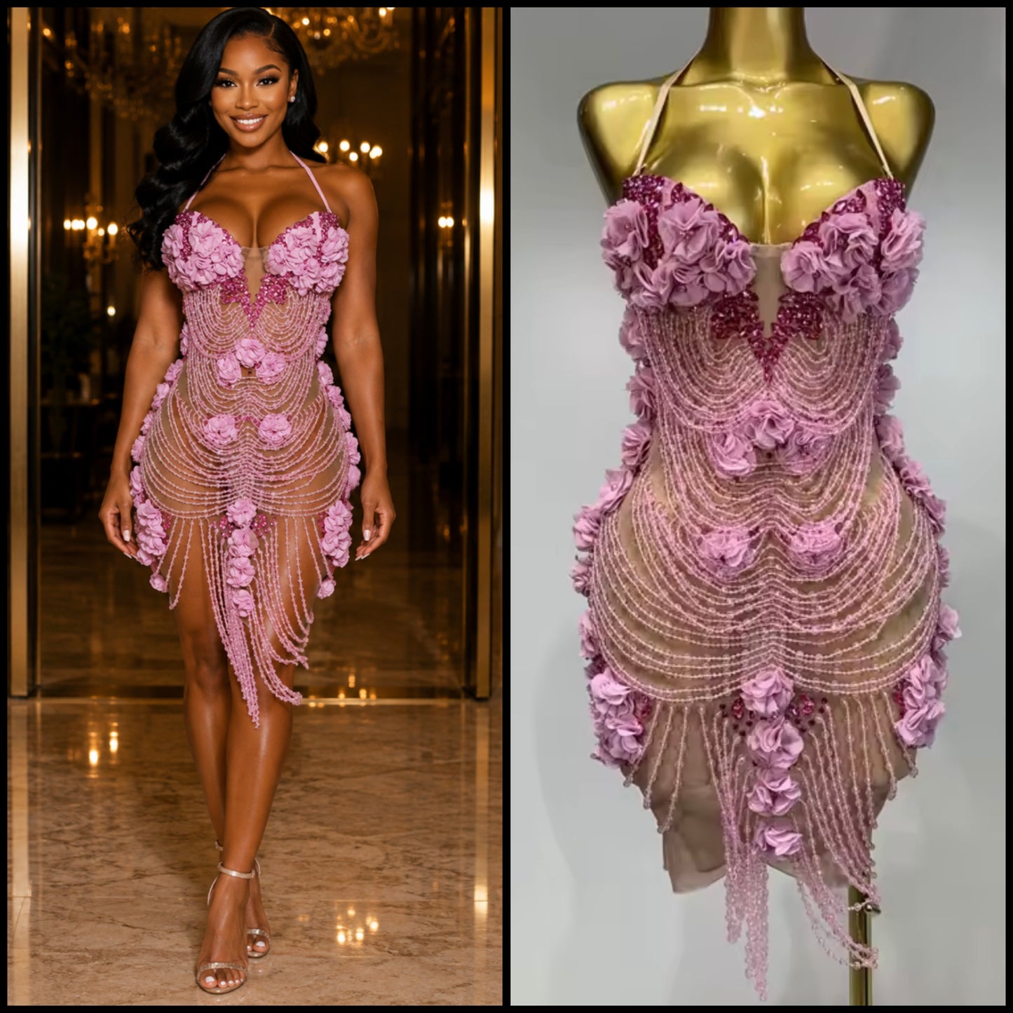 Pink Halter Sleeveless Beaded Rhinestone Sexy Dress