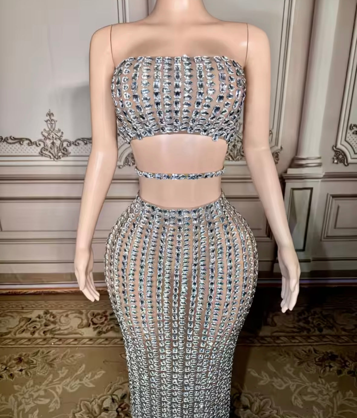 Sexy Strapless Rhinestone Embellishment Maxi Skirt Set