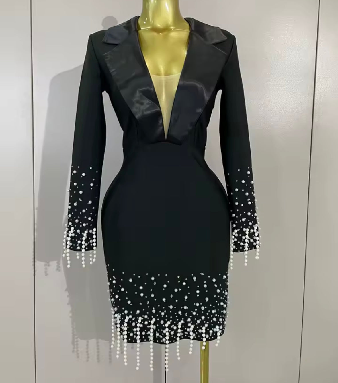 Elegant Black Pearl Full Sleeve Blazer Dress