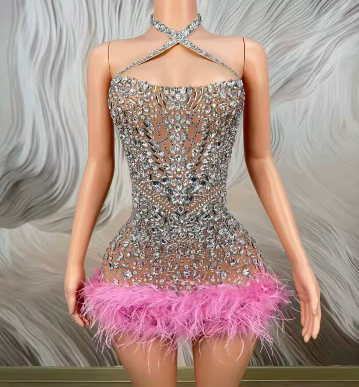 Sexy Halter Sleeveless Feather Rhinestone Dress