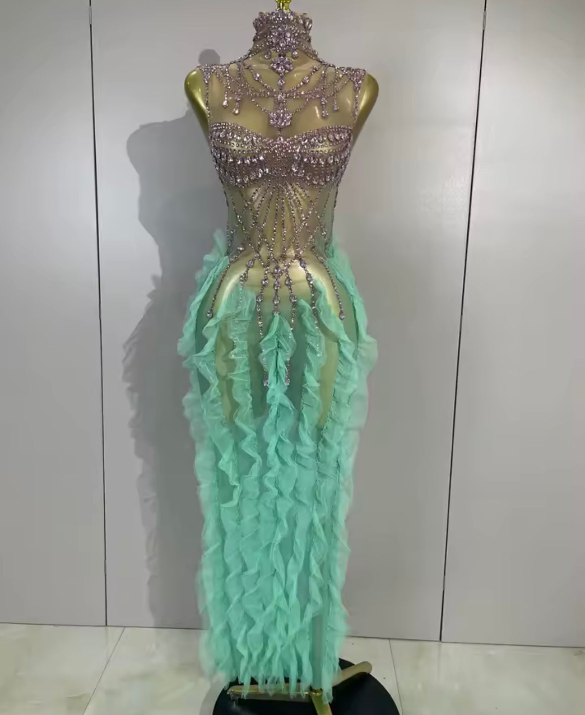 Sexy Sleeveless Rhinestone Ruffle See Through Maxi Dress