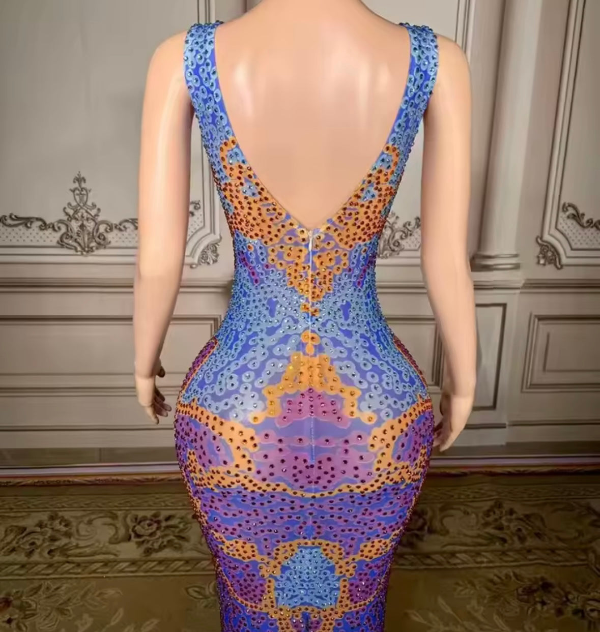 Sexy Sleeveless Multicolored Rhinestone Maxi Dress