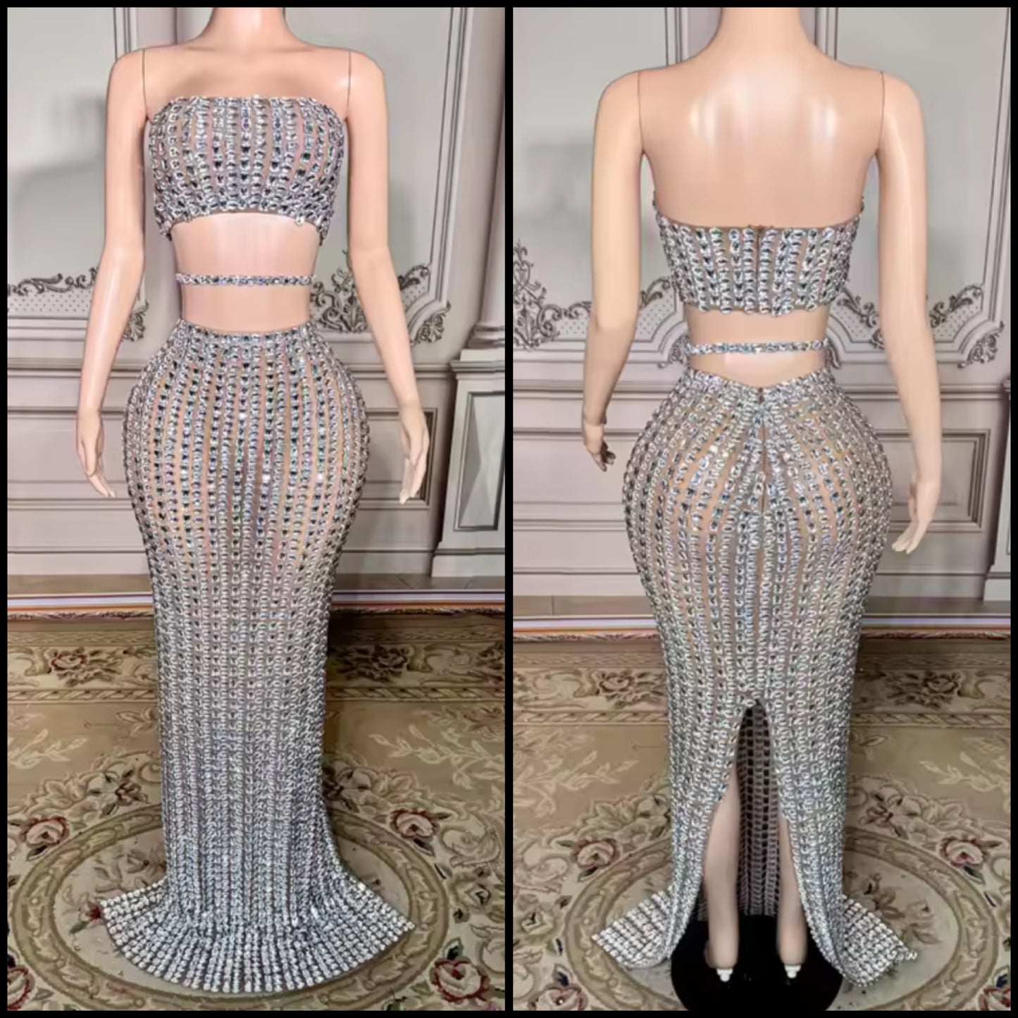 Sexy Strapless Rhinestone Embellishment Maxi Skirt Set