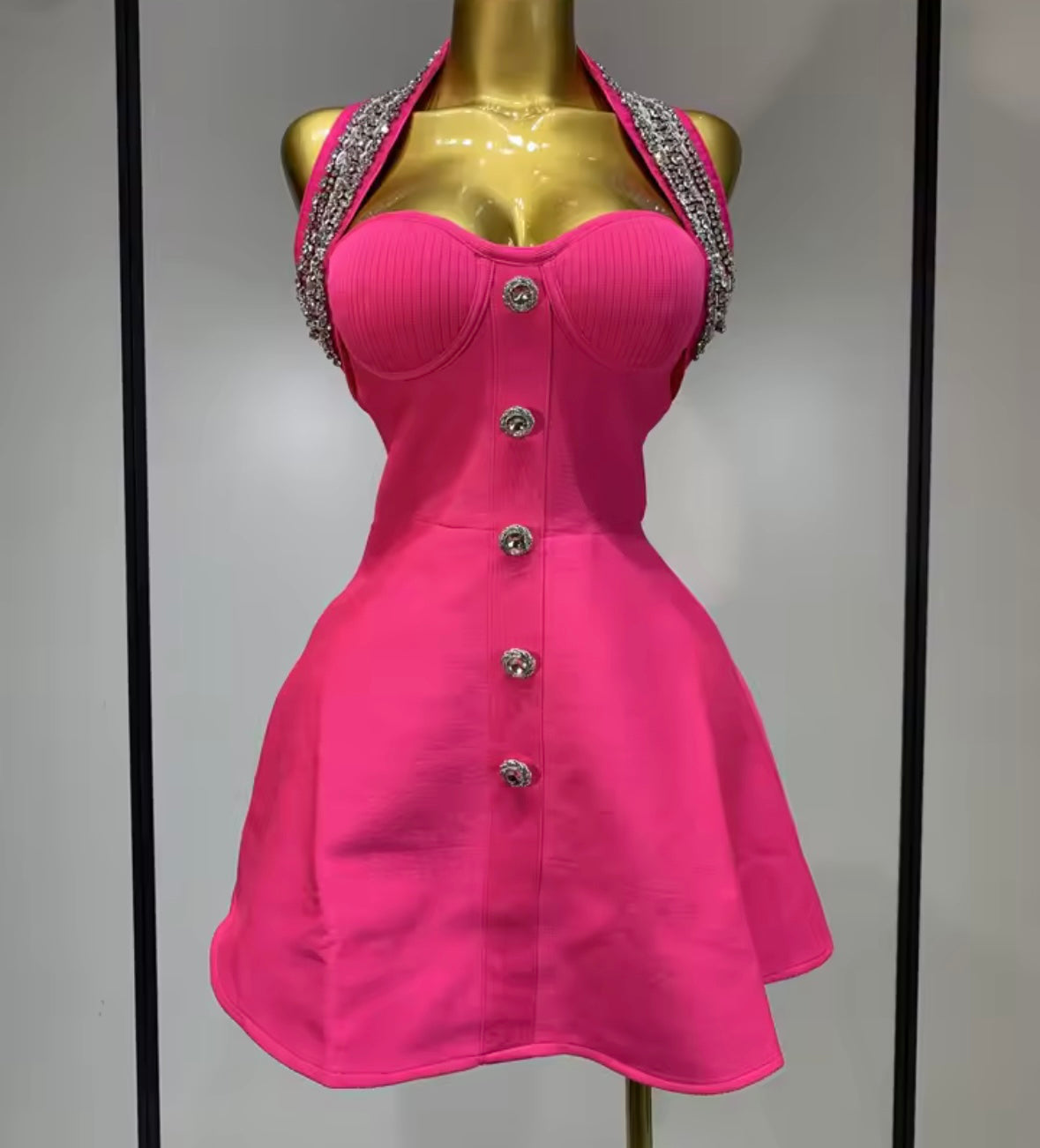 Sexy Rhinestone Halter Button Short Dress