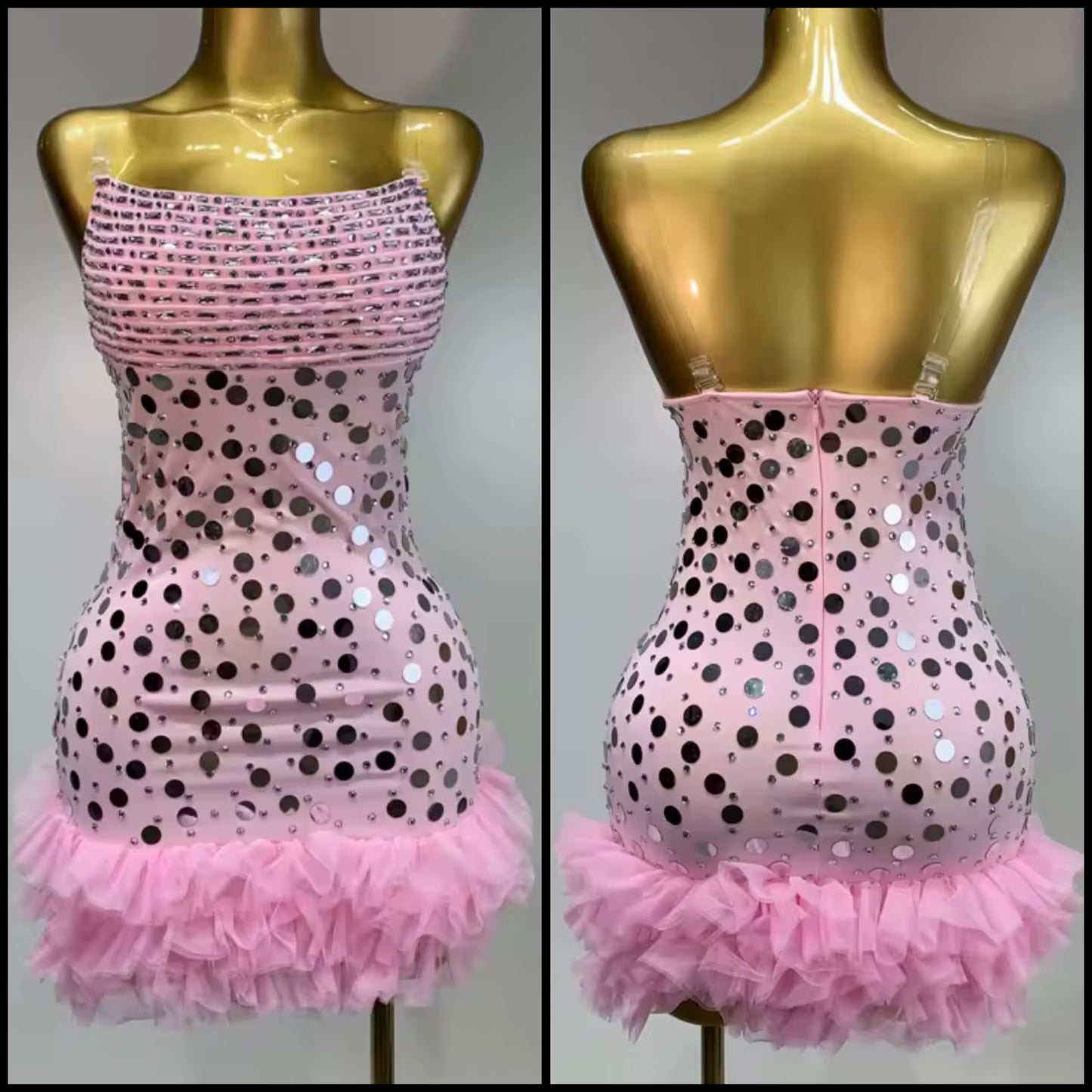 Sexy Pink Sleeveless Sequins Ruffle Dress
