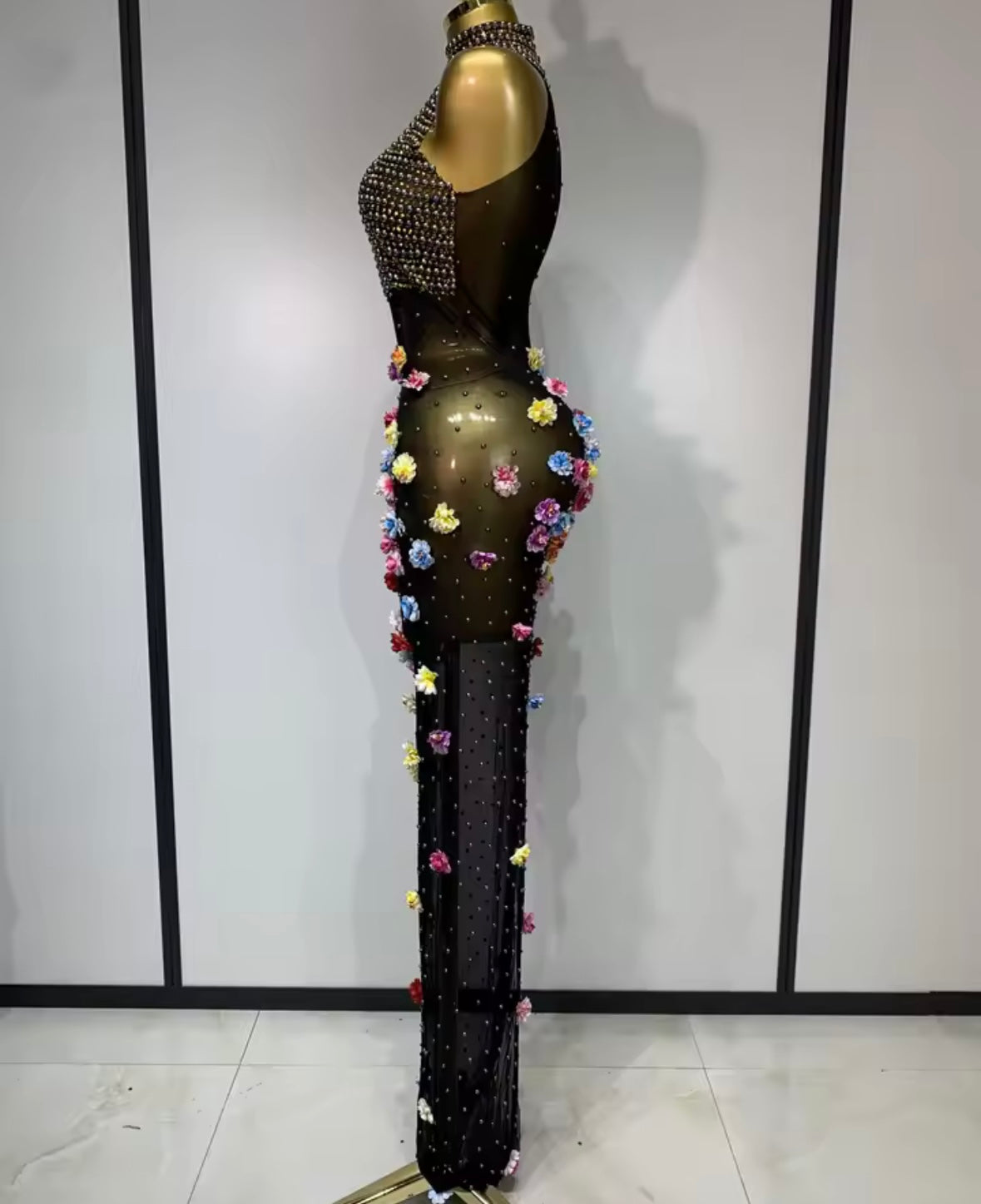 Sleeveless Black Rhinestone Floral Embellishment Maxi Dress