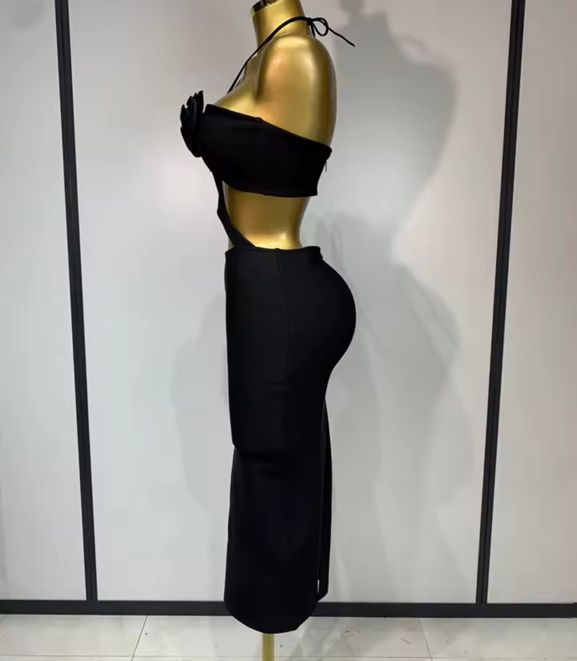 Black Sexy Halter Open Back Hollow Out Midi Dress
