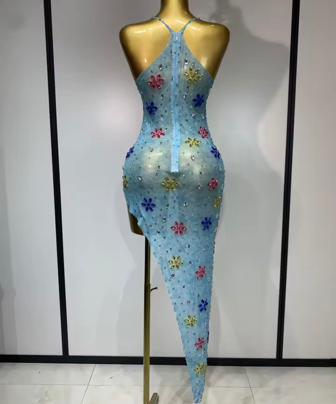 Blue Sexy Sleeveless Crystal Rhinestone Asymmetrical Dress
