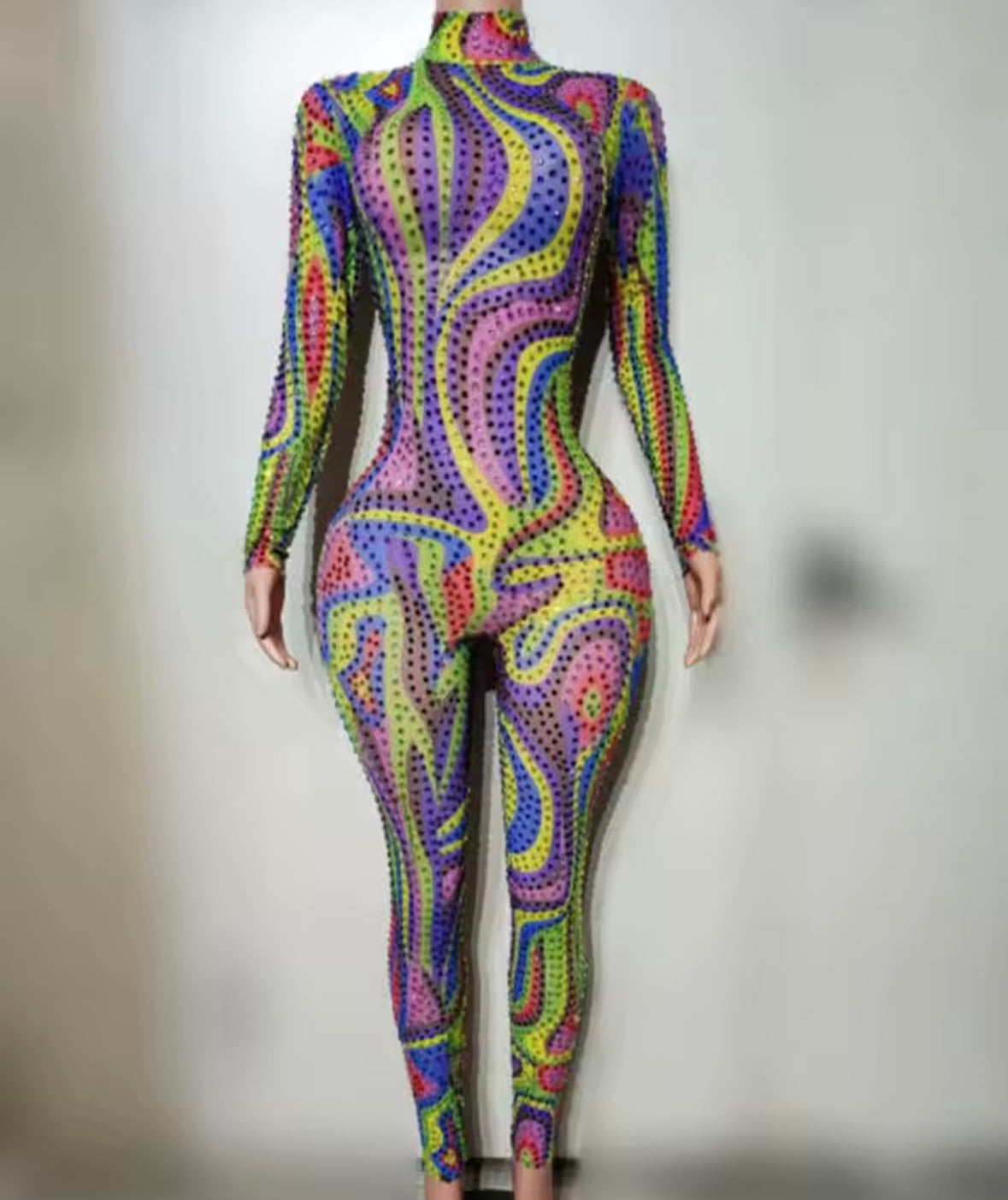 Sexy Multicolored Rhinestone Full Sleeve Jumpsuit