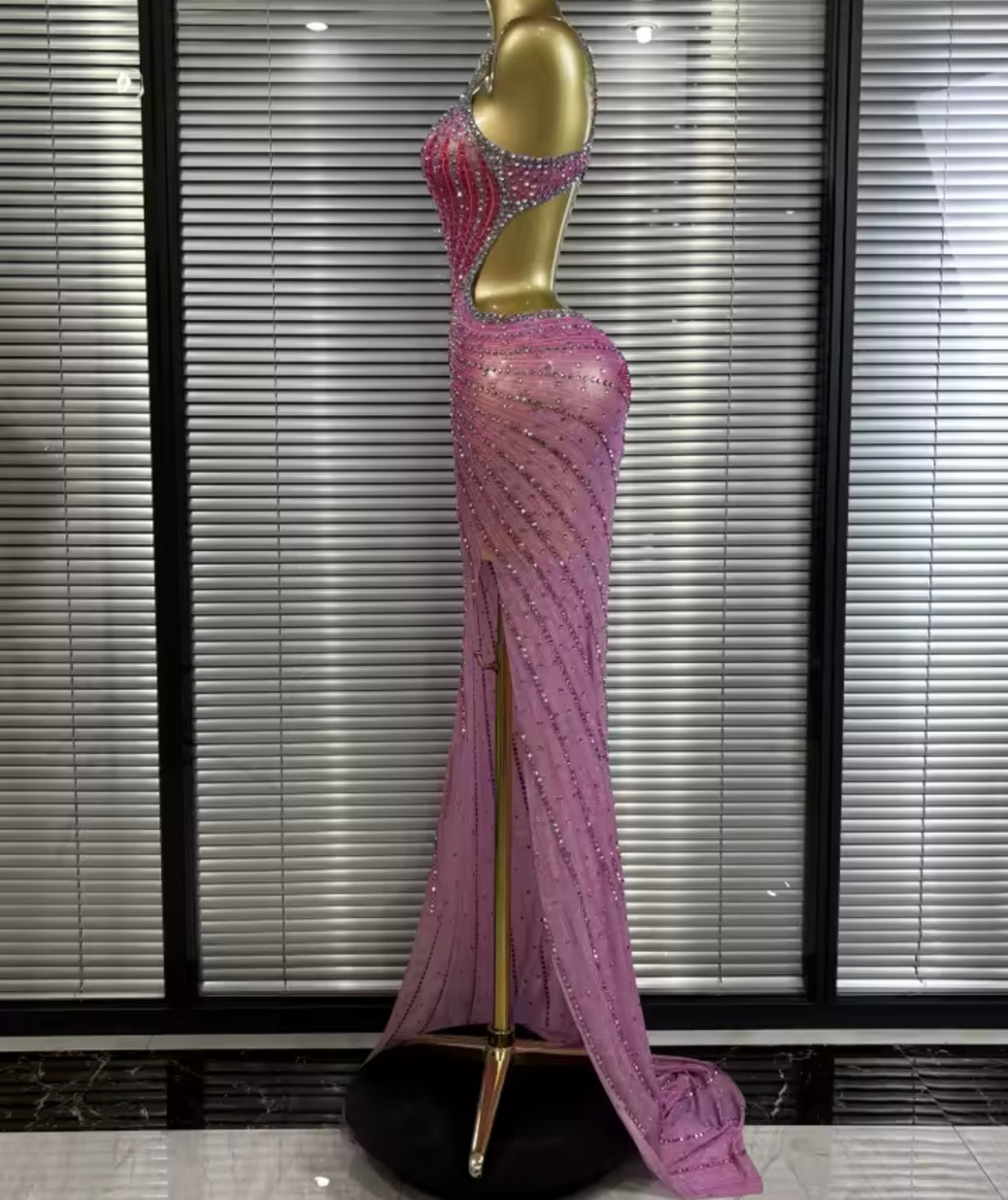 Pink Sexy Sleeveless Rhinestone Side Split Maxi Dress