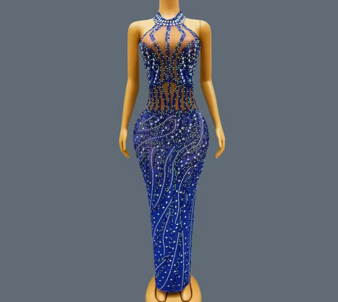 Blue Halter Sleeveless Rhinestone Embellishment Maxi Dress