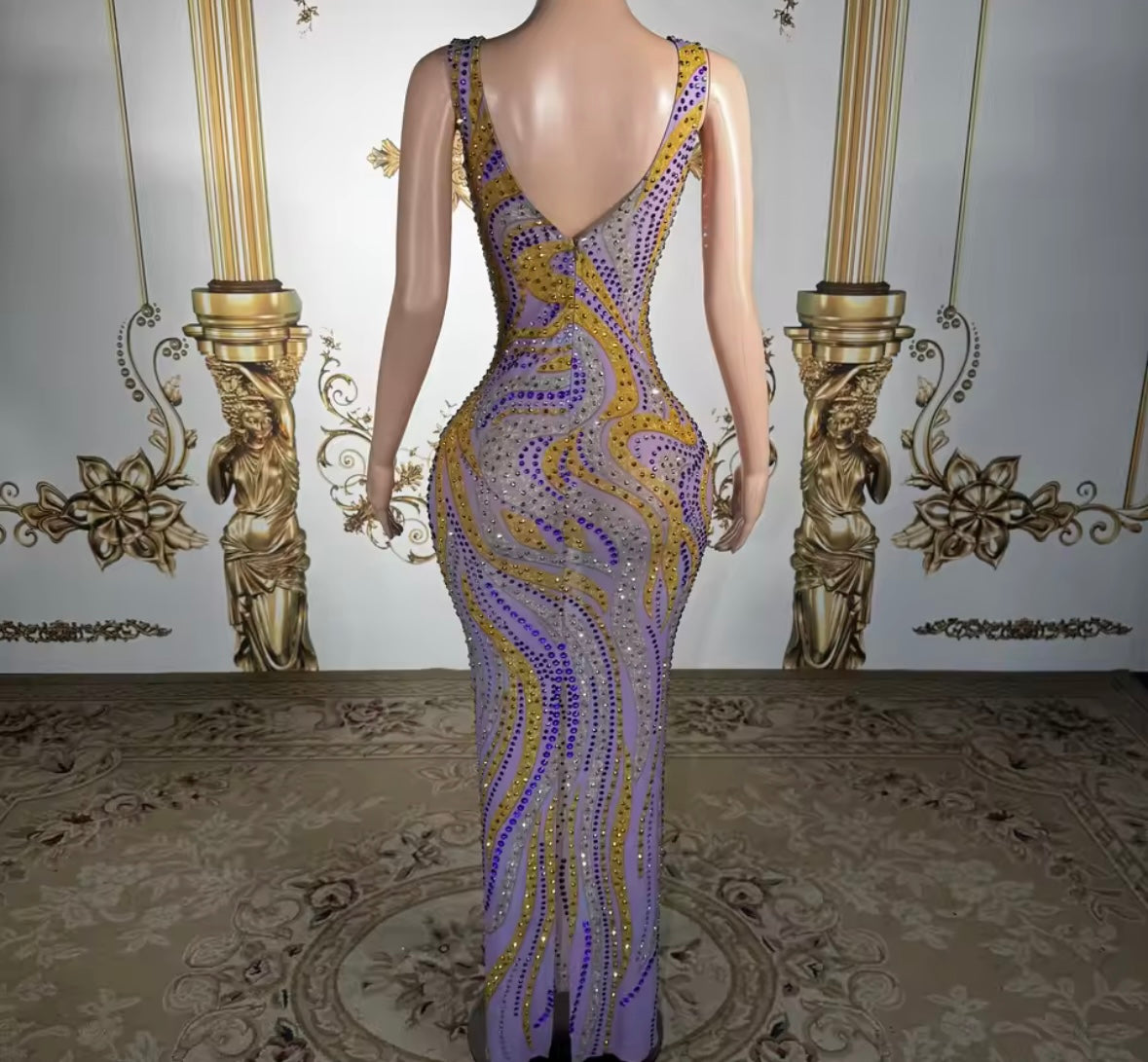 Sexy Sleeveless Colorful Rhinestone Maxi Dress