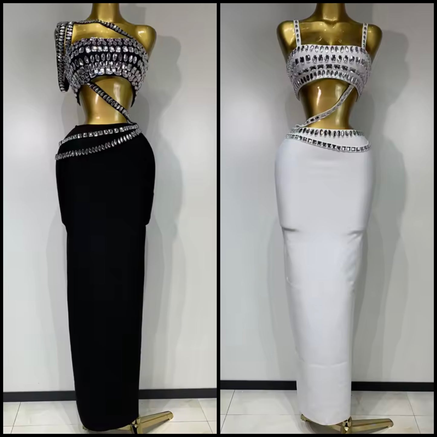 Rhinestone Halter Strapless Sexy Maxi Skirt Set