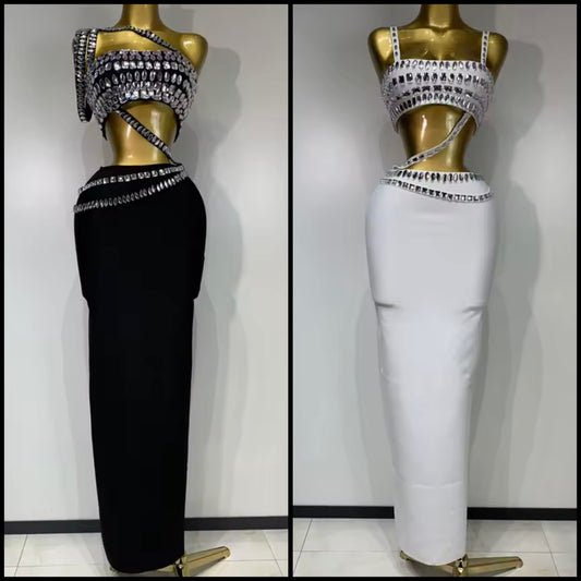 Rhinestone Halter Strapless Sexy Maxi Skirt Set