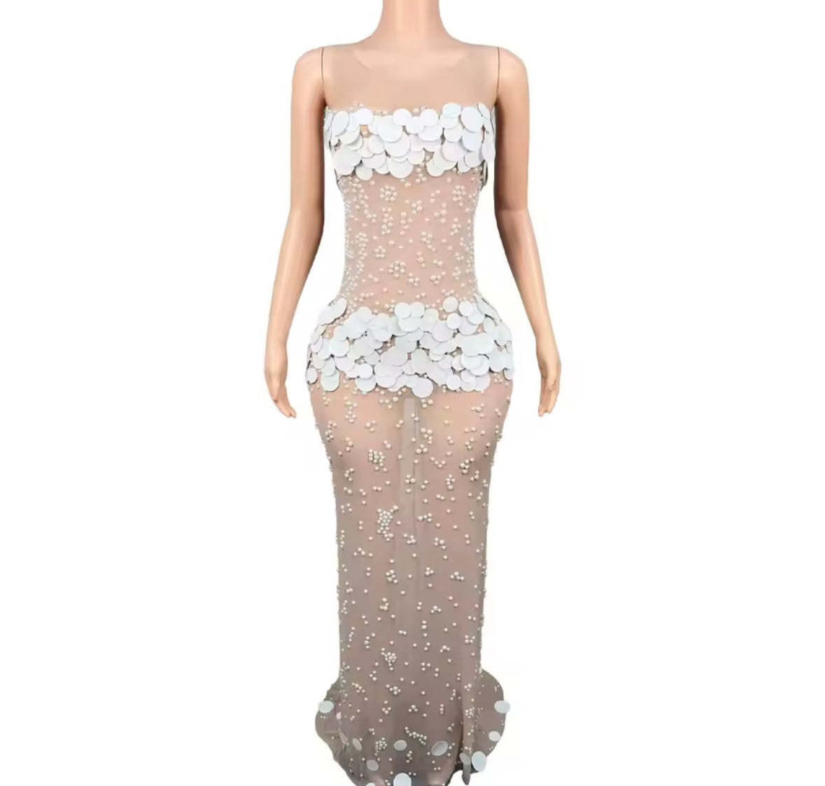 Sexy Sleeveless Sequins Pearl See Through Floor-Length Dress