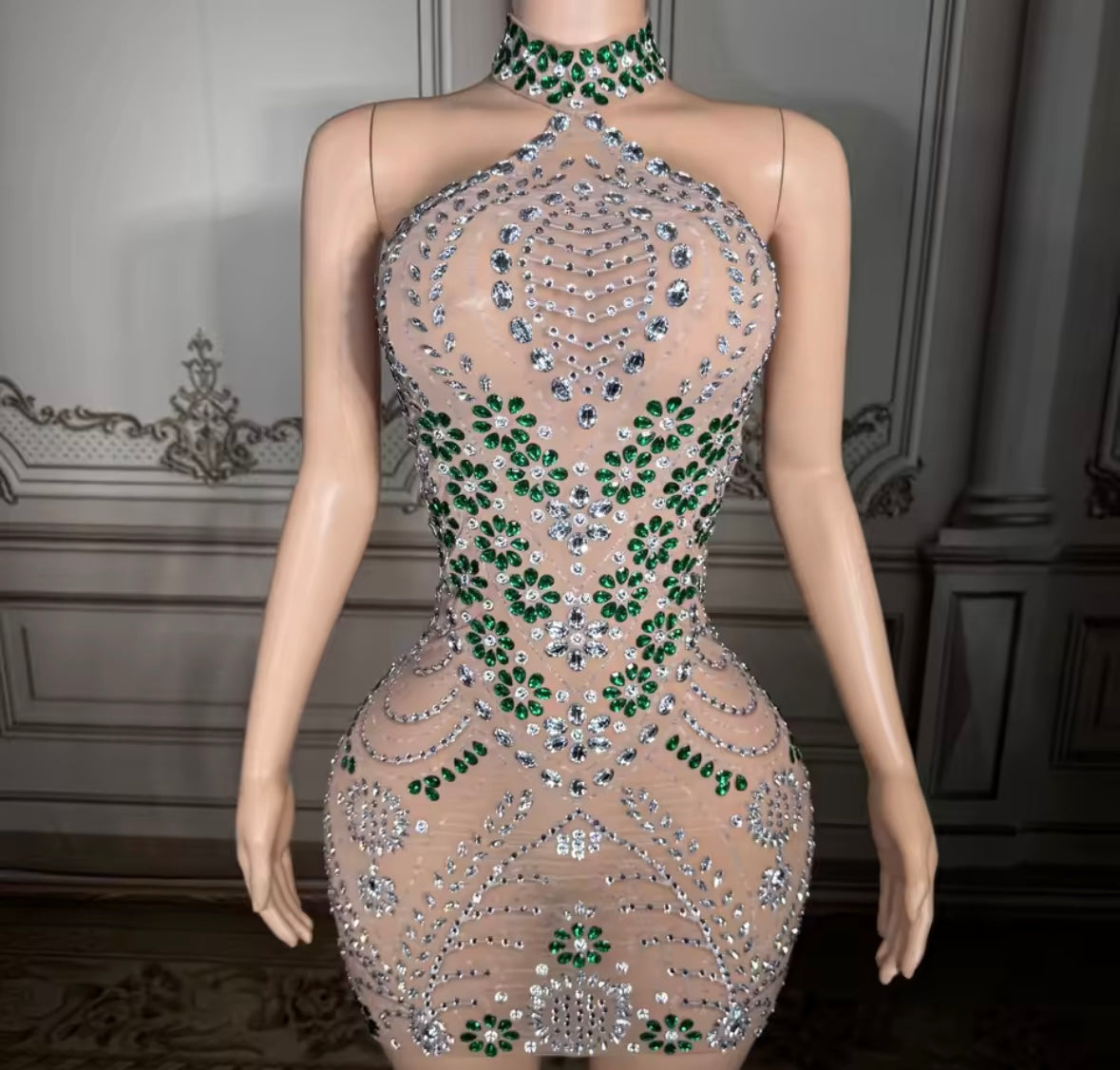 Sexy Halter Sleeveless Rhinestone Embellishment See Through Dress