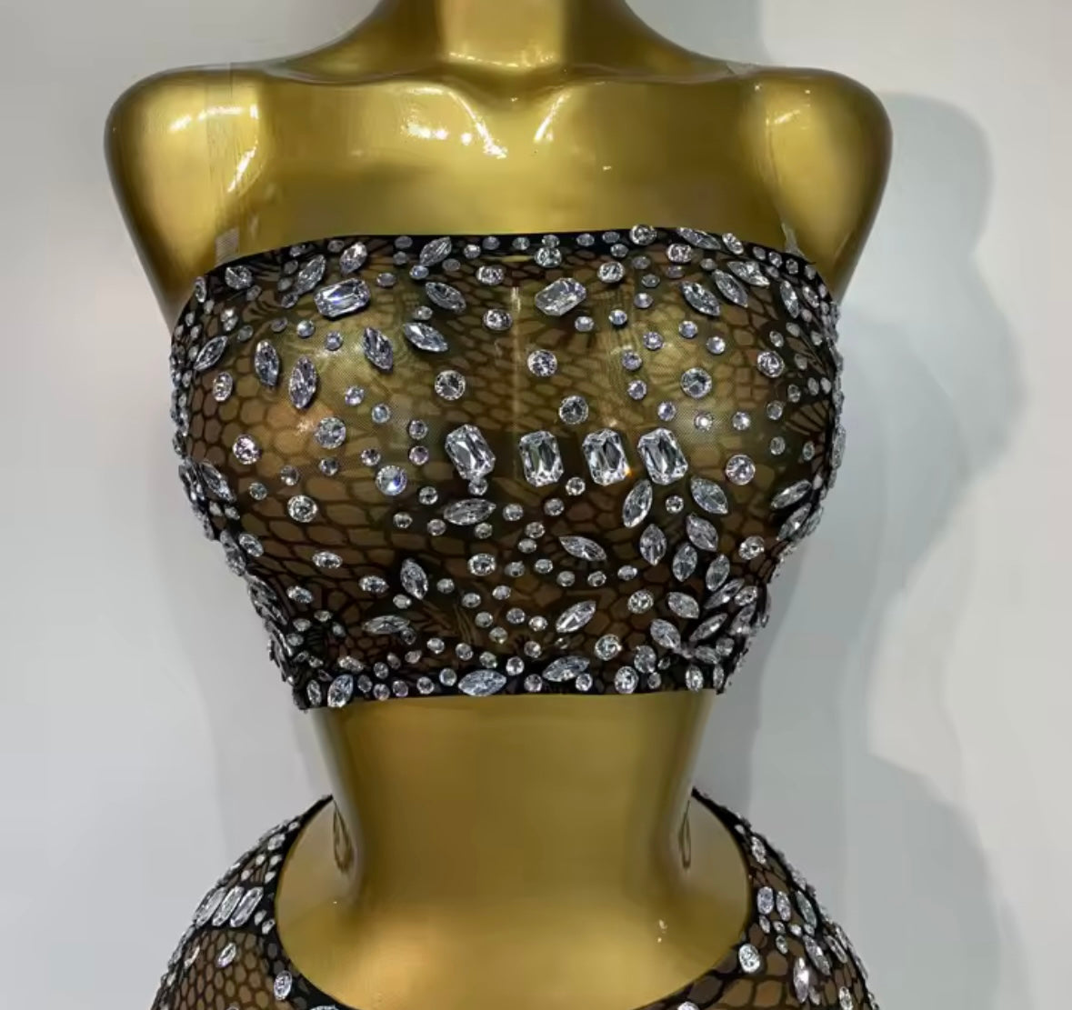 Sexy Strapless Rhinestone Crop See Through Skirt Set