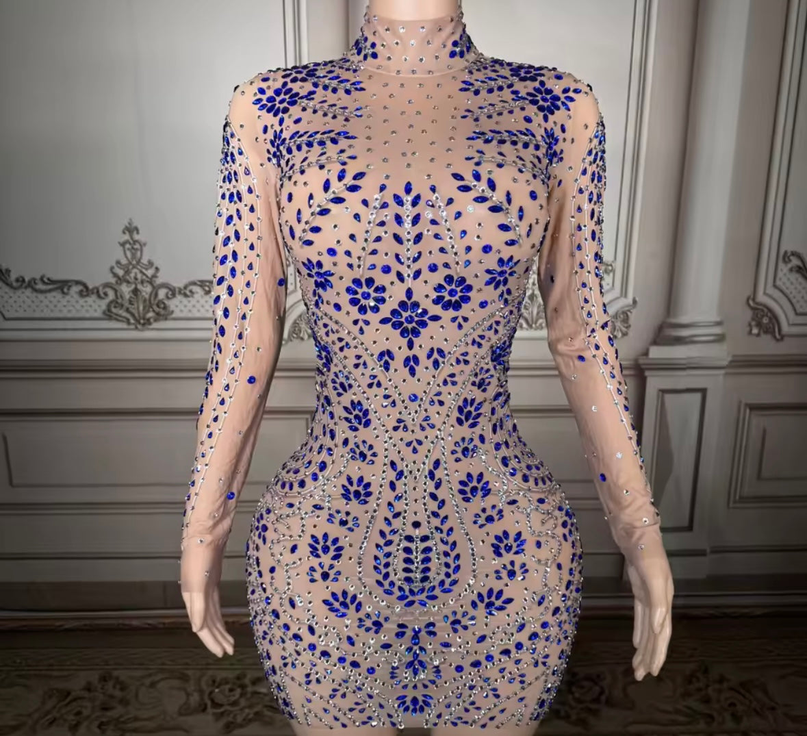 Blue Rhinestone Embellishment See Through Sexy Dress
