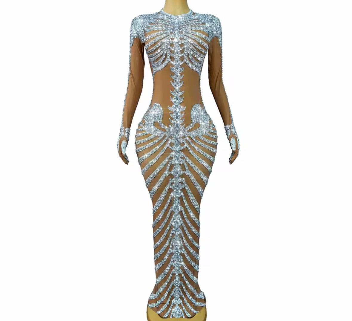 Sexy Rhinestone Embellishment Glove Full Sleeve Maxi Dress