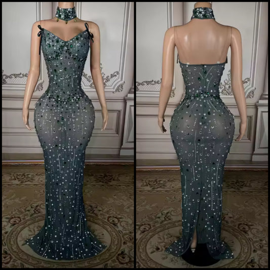 Elegant Green Choker Strapless Rhinestone Embellishment Dress