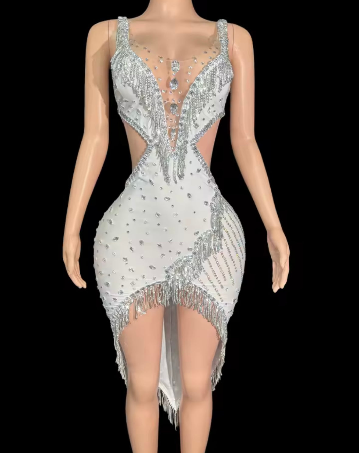 Sexy Sleeveless Rhinestone White Asymmetrical Tassel Dress