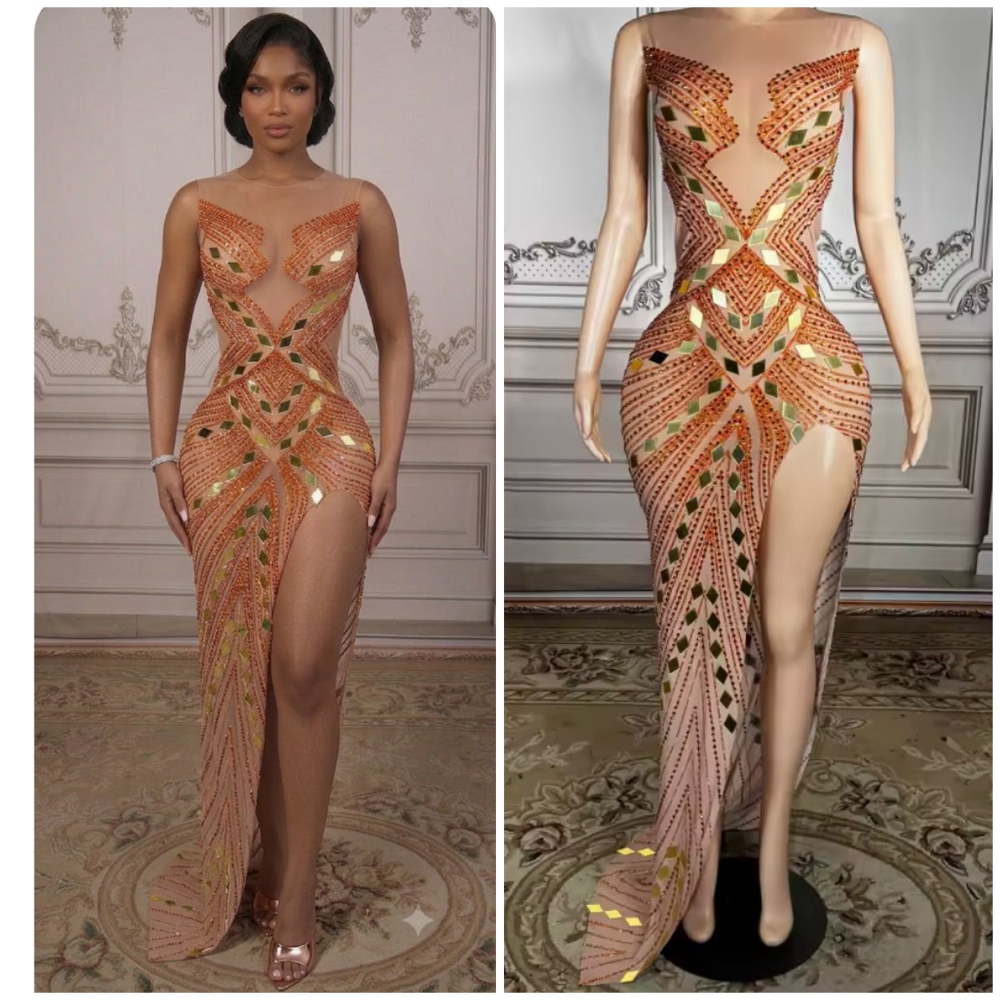 Sexy Sleeveless Rhinestone Sequins Side Split Maxi Dress