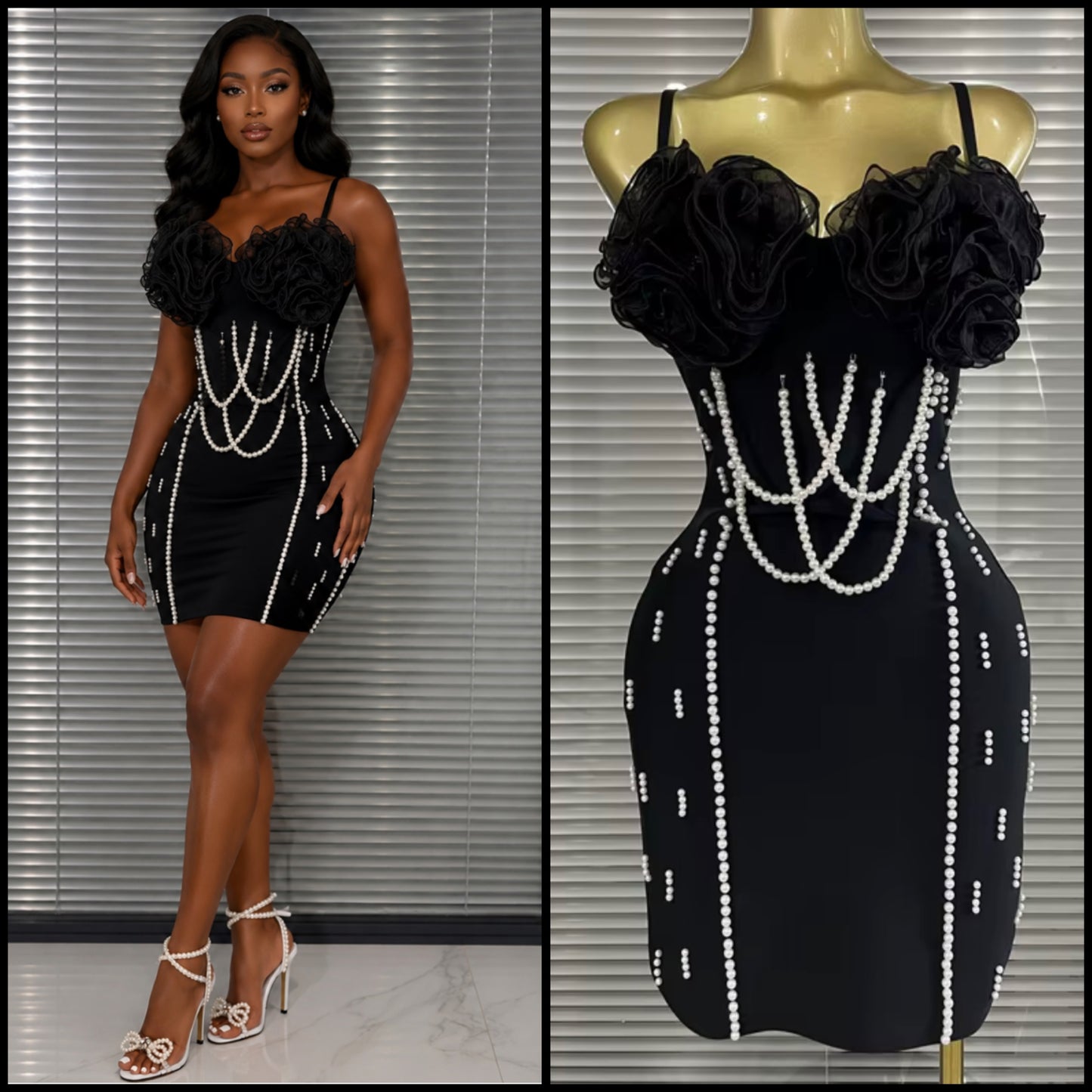 Sexy Black Sleeveless Ruffled Pearl Embellishment Dress