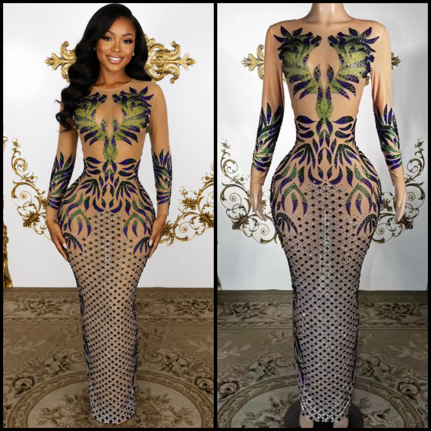 Sexy Colorful Rhinestone Full Sleeve See Through Maxi Dress