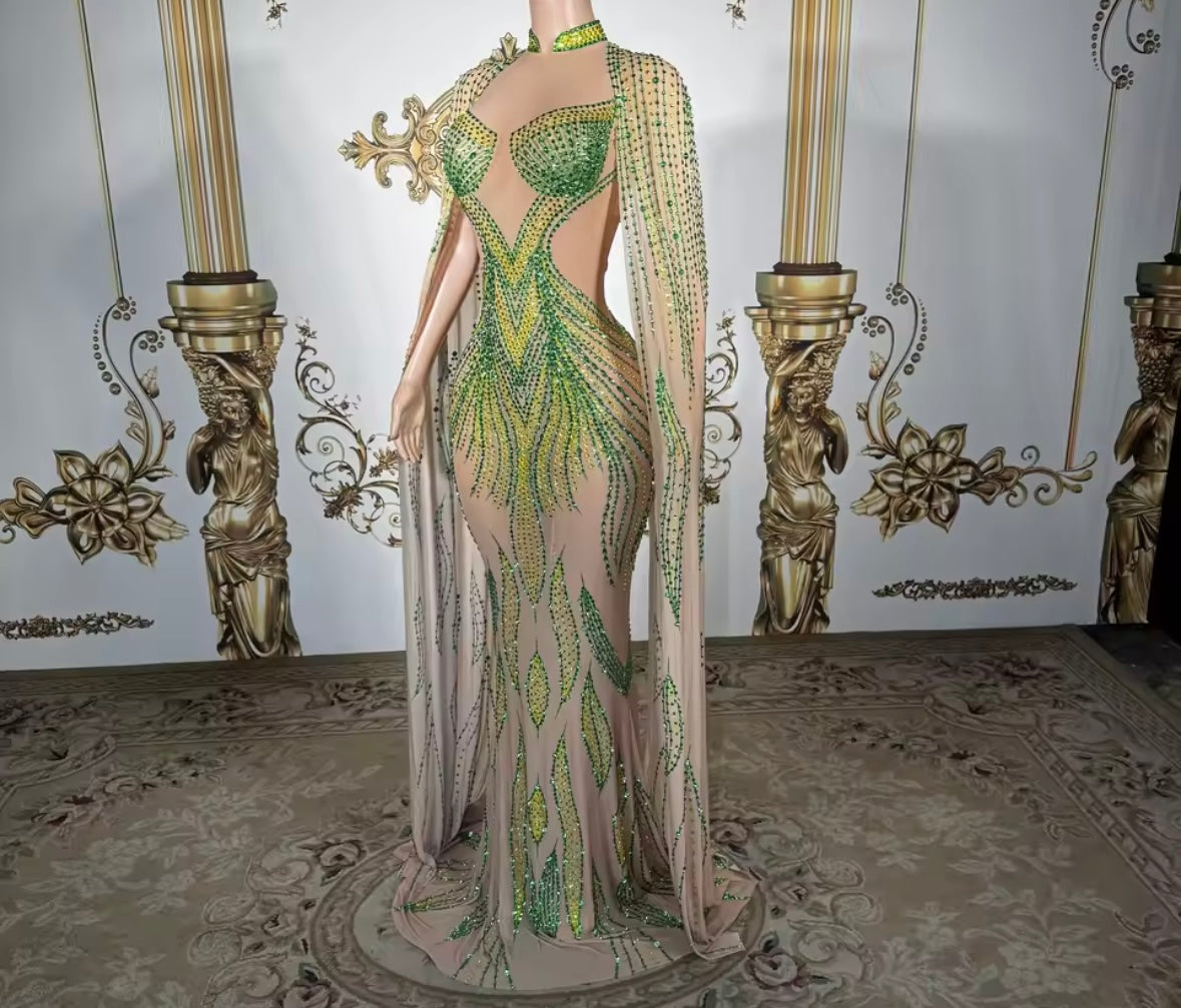 Sexy See Through Rhinestone Flare Sleeve Mermaid Dress