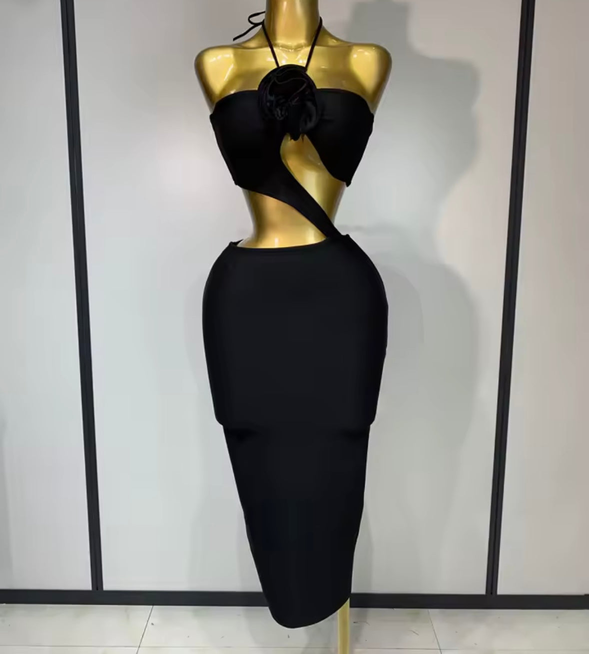 Black Sexy Halter Open Back Hollow Out Midi Dress