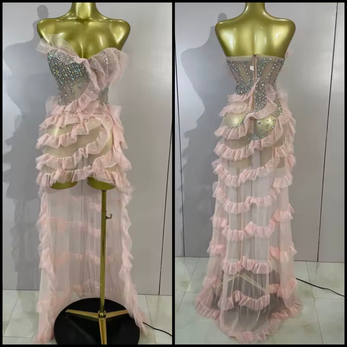 Pink Strapless Sexy Rhinestone Ruffle Asymmetrical Dress
