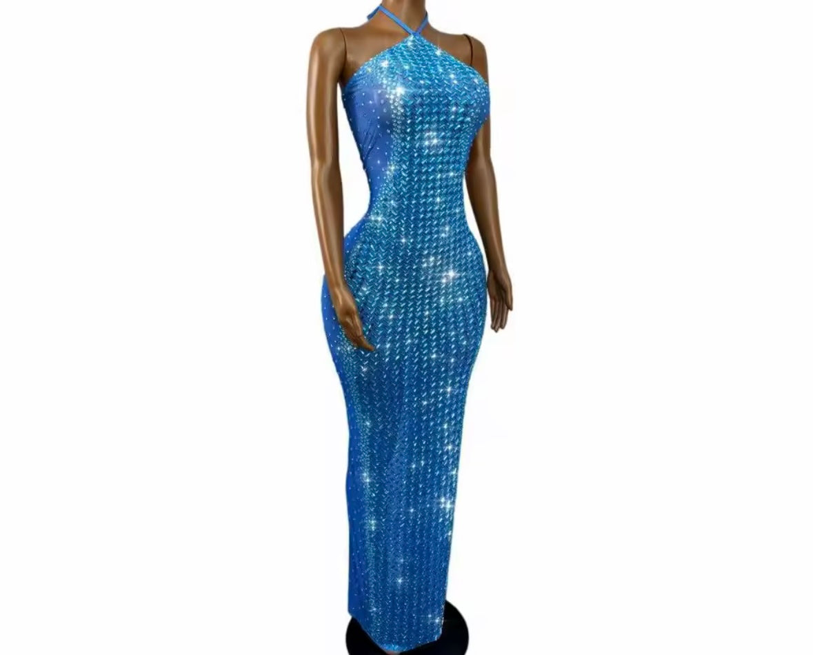 Sexy Blue Halter Sleeveless Rhinestone Maxi Dress